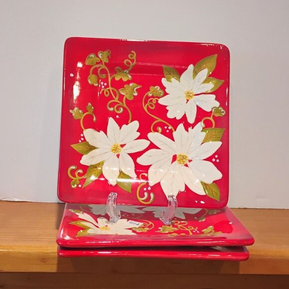 Laurie Gates Other - Laurie Gates Poinsettia Square Plates Set of 3 Red White 8 3/4"